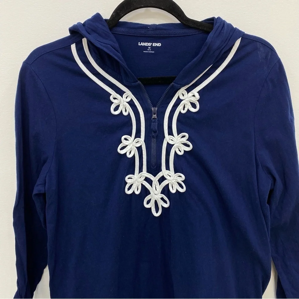 Lands End half zip hoodie swim cover-up navy cotton tunic dress Sz Medium